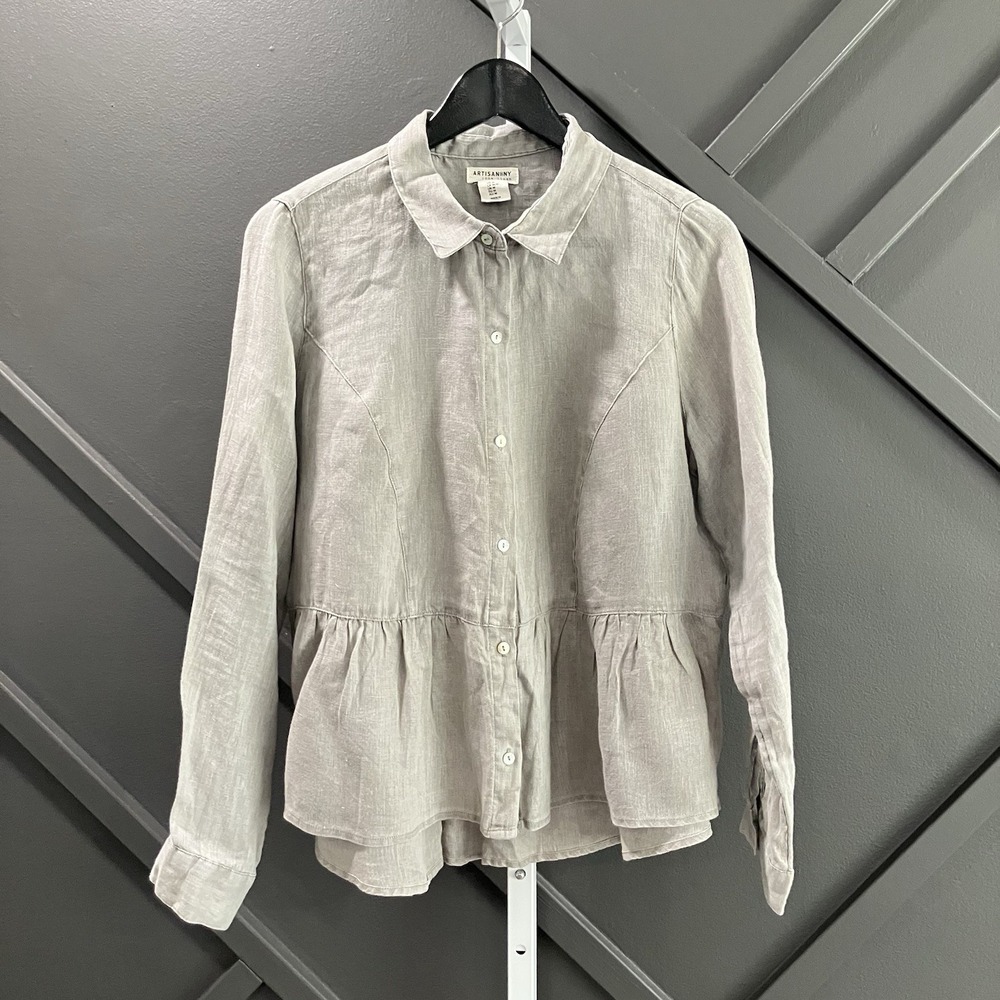 Artisan NY Shirt Size M 100% Linen Gray Button Front Peplum Blouse Long Sleeve